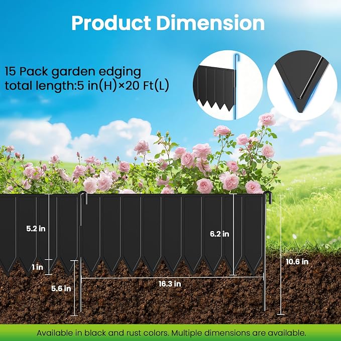 15 Panels Metal Landscape Edging, 6.2in (H) x 20 ft (L)–No Dig Garden Edging with 16 Stakes, Modular Adjustable 0-270°for Tree Rings & Yard Pathways, Matte Finish, Anti-Rust Metal Garden Border(Black)
