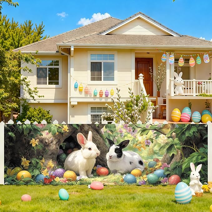 Happy Easter Bunny Fence Banner 118 x 35 Inch, Large Waterproof Outdoor Easter Banner with Cute Rabbits & Colorful Eggs for Yard Porch Fence Spring Party Decorations