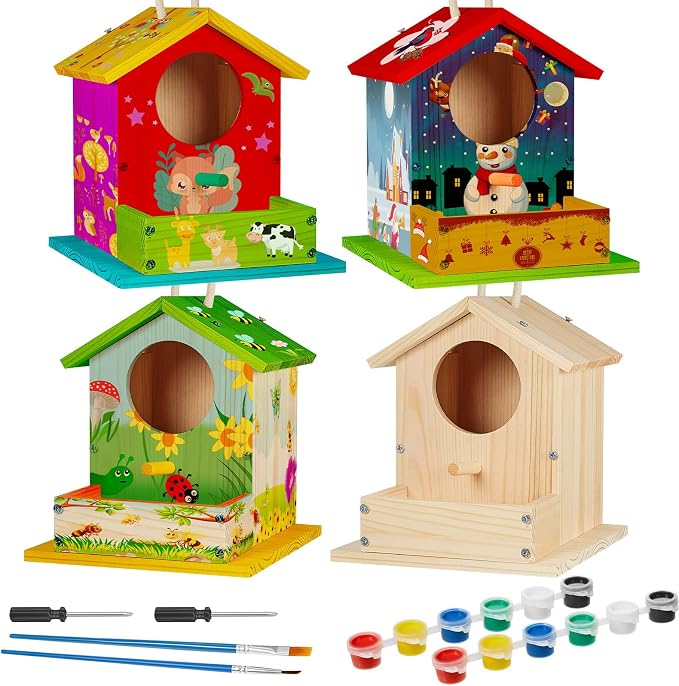 Liliful 24 Pack DIY Wooden Birdhouse Kit, Crafts for Kids and Adults, Bird House with Paint and Paintbrushes Painting Kits for Boys and Girls, Spring Birthday Classroom Gifts for Ages 4-8
