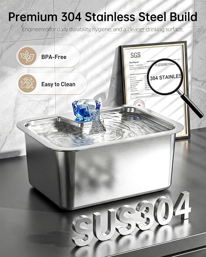 3 Gallon Large Dog Water Fountain, Stainless Steel Pet Water Fountain for Large Dogs, Automatic Big Dog Water Bowl Dispenser Drinking with 4 Filters, Easy to Clean, Quiet Pump