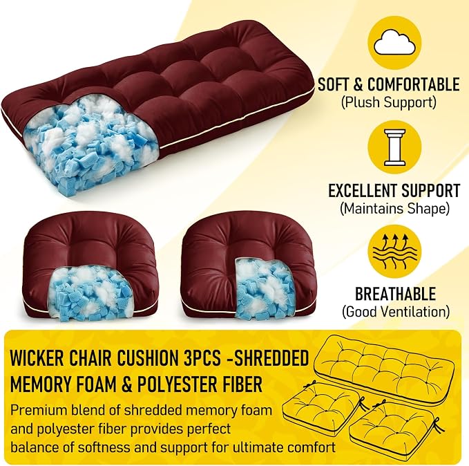1 MIDDLE ONE Wicker Chair Cushions 3 Pieces Set for Outdoor Furniture, Replacement Patio Wicker Furniture Cushions, 1Pc Loveseat Cushion & 2Pcs Chair Cushions (Burgundy)