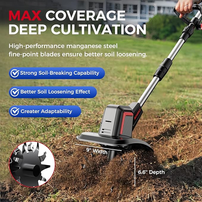 SOARFLY Upgraded Cordless Electric Tiller for Gardening, Total 8.0Ah Battery Powered Mini Cultivator with 2×4.0AH Batteries, 9" Width, 6.6" Depth, 48 Steel Tines Rototiller for Soil Cultivation
