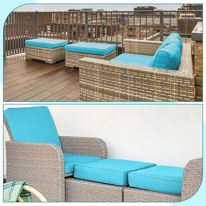 DoubleFill 2 Pcs Outdoor Ottoman Cushion 23"x19"x3" Waterproof Fade Resistant Outdoor Footstools Cushion Removable Patio Ottoman Cushions with Adjustable Fixing Strap for Stool (Lake Blue)