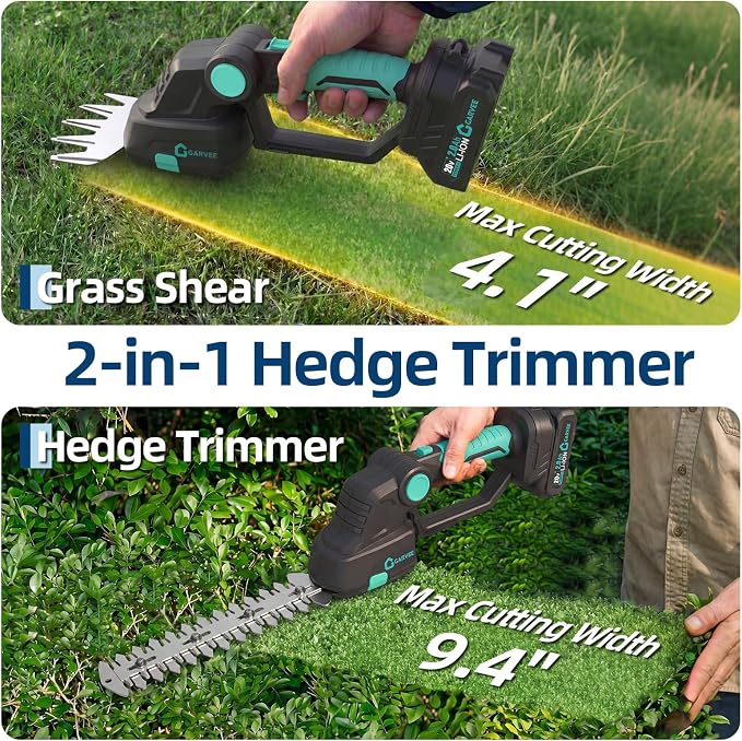 Garvee 20V Cordless Hedge Trimmer, 2 in 1 Electric Bush Trimmer, Handheld Grass Shear with 2×2.0Ah Rechargeable Batteries & Charge Base, Adjustable Head for Garden, Lawn, Bush Trimming