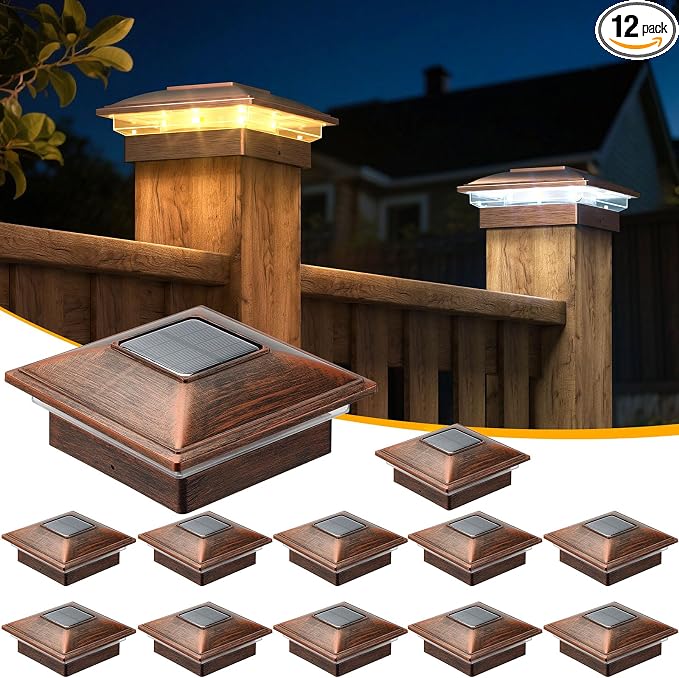 APONUO 12 Pack Solar Fence Post Lights, 2 Modes(Warm/Cool Light) Outdoor Waterproof 4x4 Post Solar Lights, Solar Powered Garden, Patio, Deck Decor for 4x4 Wood & Vinyl Posts, Brushed Copper