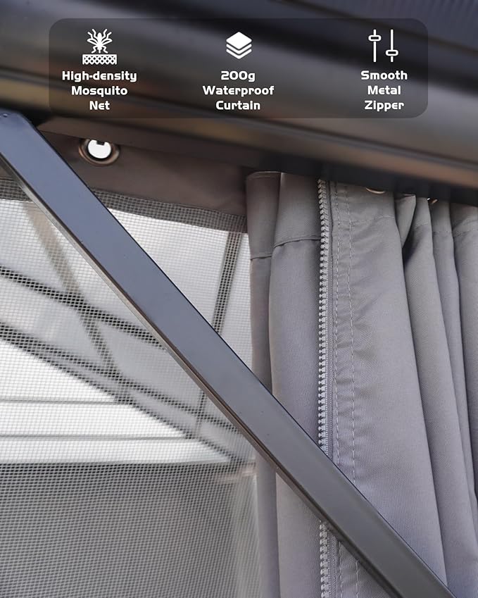 10' x 13' Hardtop Gazebo with Polycarbonate Double Roof, Aluminum Frame Permanent Pavilion with Curtains and Netting, Outdoor Gazebo for Patio Backyard（Gray）