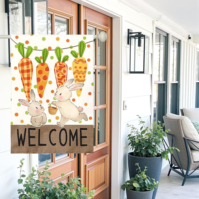 Large Easter Garden Flag 28x40 Inch Double Sided Welcome Bunny and Carrot Yard Flags Spring Outdoor Porch Decorations Farmhouse Easter Bunny House Banners for Lawn Patio Garden and Home Decor