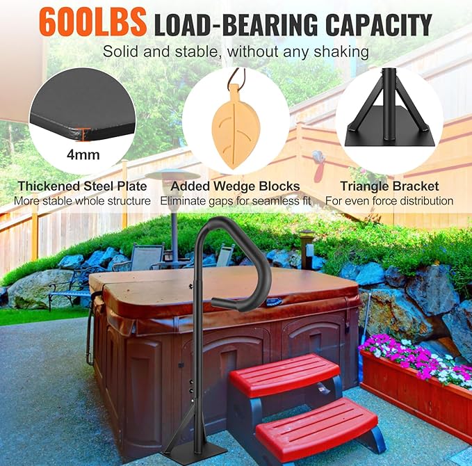 VEVOR Hot Tub Handrail, 360 Rotatable Spa Side Handrail with 48"-63" Adjustable Height, Rust-Proof Aluminum Spa Hot Tub Hand Rail with Slide-Under Mount Base for Indoor & Outdoor, 600LBS Capacity