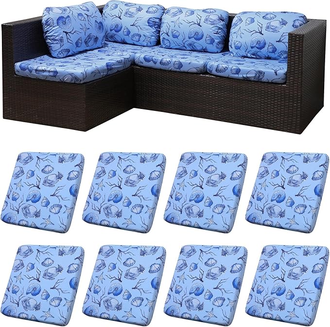 8Pcs Patio Cushion Covers,Outdoor Cushions Covers,Stretch Cushion Covers Replacement, Washable and Reusable Furniture Protectors(Shells & Fish)