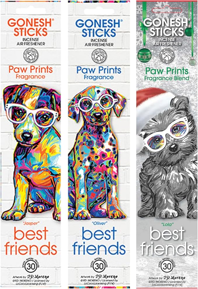 Gonesh Best Friends Paw Prints Collection - Incense Sticks Variety Pack - Non-Toxic 10” Slow Burn Aromatic Sticks - Jasper, Oliver and Lola - 30 Count Each