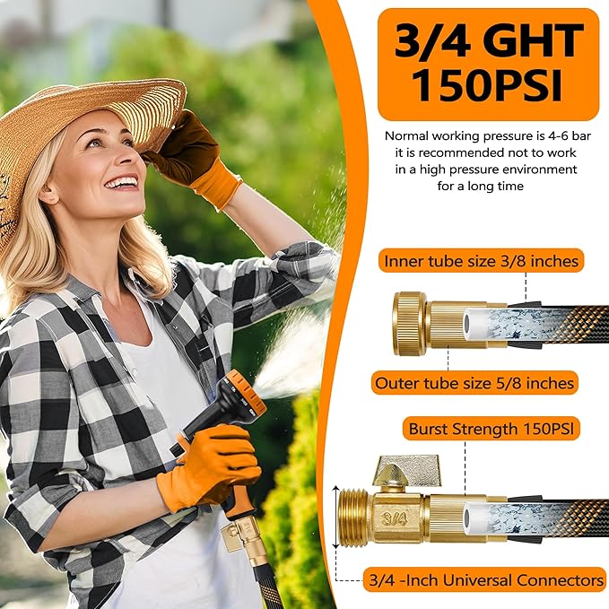 Flexible Garden Hose 50 FT, Ultra Lightweight Water Hoses w/10 Function Sprayer and 3/4" Brass Fittings, Kink-Free, Sturdy, Abrasion Resistant for Yard, Lawn, Outdoor and Gardening(Black Orange)