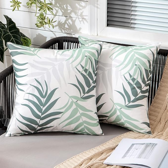 MIULEE Pack of 2 Decorative Outdoor Waterproof Throw Pillow Covers Patio Pillow Cases Natural Leaves Pattern Spring Square Cushion Shams Shell for Garden Balcony Couch 20x20 Inch, Greyish Green