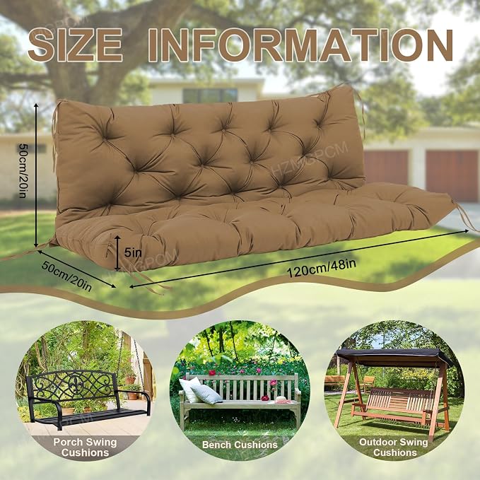 Premium 5" Thick Waterproof Outdoor Swing Cushions Sturdy Durable 2-3 Seat Replacement Porch Swing Cushions with Backrest&Ties Bench Cushion for Outdoor Furniture Backyard Patio(48x40inch)
