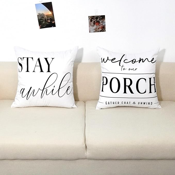 TAJWE Outdoor Pillow Covers Waterproof 16x16 Set of 2 Welcome to Our Porch Stay Awhile Cushion Cases for Patio Furniture Sofa Couch Decor