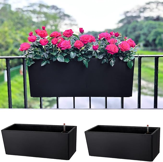 LaLaGreen Rail Planter for Balcony Outdoor (20 Inch, 2 Pack) Large Black Self Watering Railing Planters with Brackets, Rectangular Plastic Deck Fence Window Box Balcony Home Outside Style Garden Décor