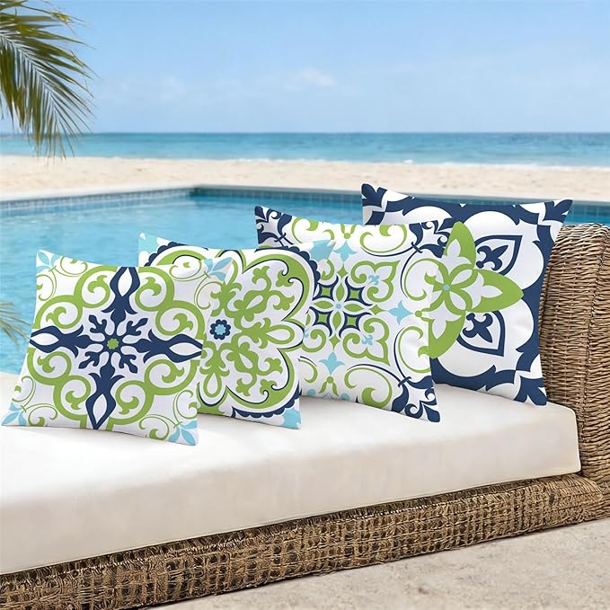 NIGHTWISH Outdoor Waterproof Pillow Covers 18x18 Set of 4 Green Boho Decorative Throw Pillows Floral Cushion Cases for Patio Furniture Bench Couch Sunbrella