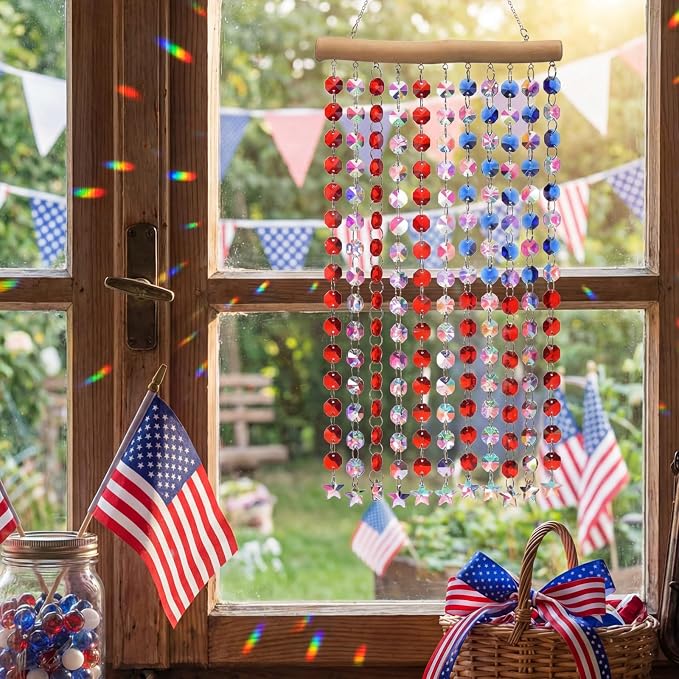Suncalla 2 Pcs 4th of July Crystal Suncatcher American Flag Wind Chime with Chain Patriotic Window Decor Red Blue and White USA Hanging Making Rainbow Prism for 250th Anniversary Garden Home Gift