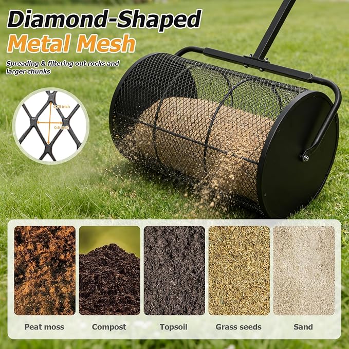 Compost Spreader 24in Peat Moss Spreader - U Shaped Comfortable Handle & Adjustable Height Powder-Coated Metal Mesh Hand Fertilizer Spreader for Garden Yard Lawn Care (Matte Black)