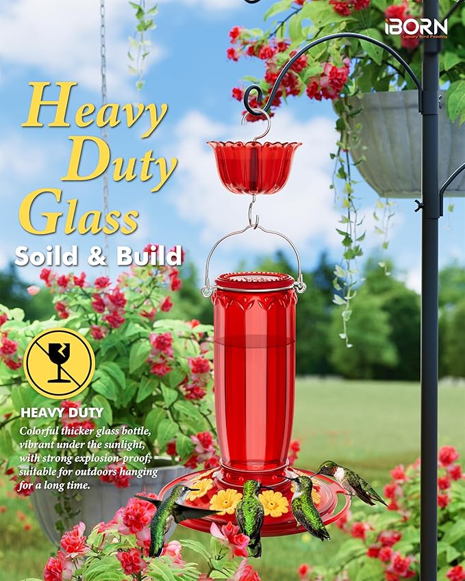 iBorn Hummingbird Feeders for Outdoors Hanging with Ant Moat for Hummingbird Feeder Glass 8 Ports for 16oz Hummingbird Nectar,Yellow Flowers Red Glass, Pack of 2
