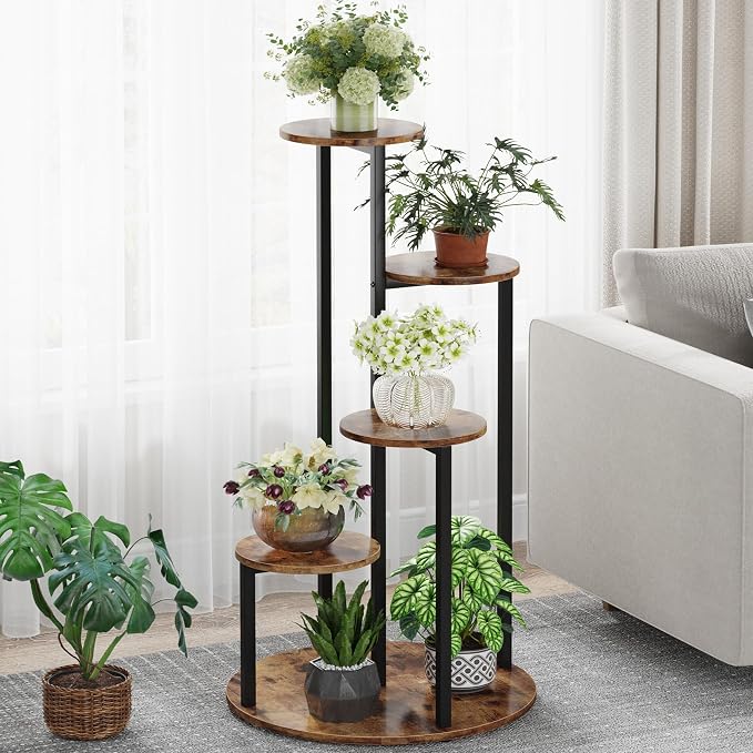 LITTLE TREE 5-Tier Corner Plant Stand, Free Standing Wood Metal Flower Rack Pot Shelf Display with Round Board, Garden Patio Balcony Plant Holder for Indoor Outdoor Living Room, Bedroom, Rustic Brown