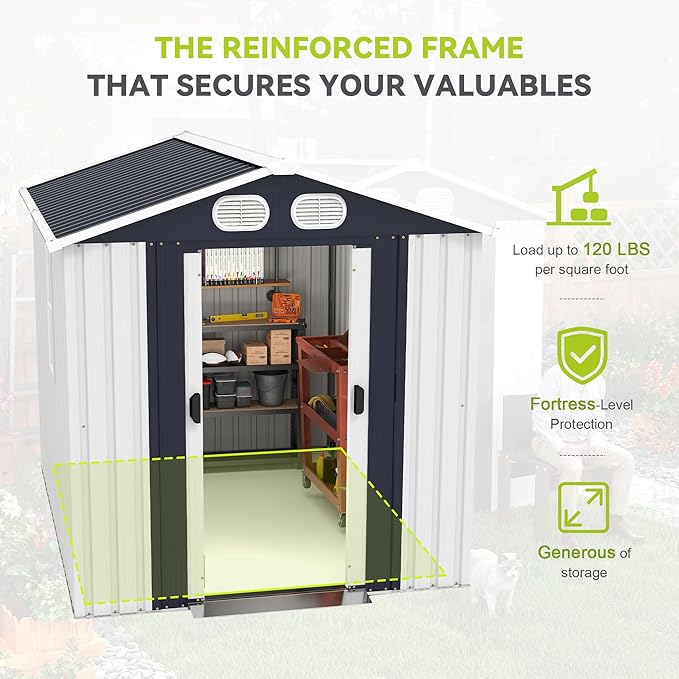 KEIKI 8x6 FT Heavy-Duty Outdoor Storage Shed, Metal Shed with Reinforced Frame, Lockable Doors & Air Vents, Weatherproof Garden Tool Shed for Backyard, White