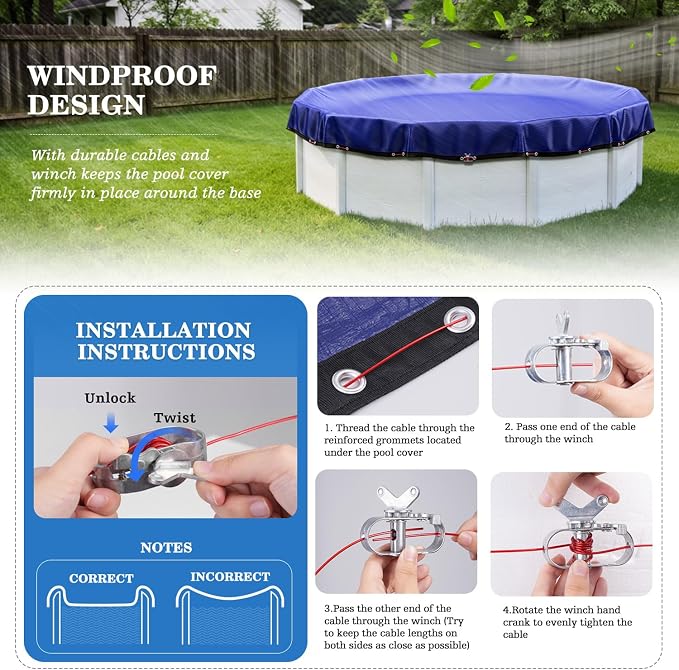 [2026 Upgrade 185GSM] UIRWAY 12FT Pool Cover Heavy-Duty PE Above Ground Round Pool Cover, Metal Buckle, Cold & UV Resistant, Tearproof