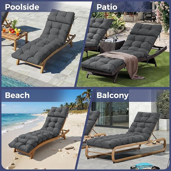 Outdoor Chaise Lounge Cushions 75.1x22.8x4.7 Inch, Waterproof Lounge Chair Cushions for Pool, Patio, Deck, Lawn, Fade Resistant Lounge Cushions for Outdoor Furniture with Ties, Dark Grey