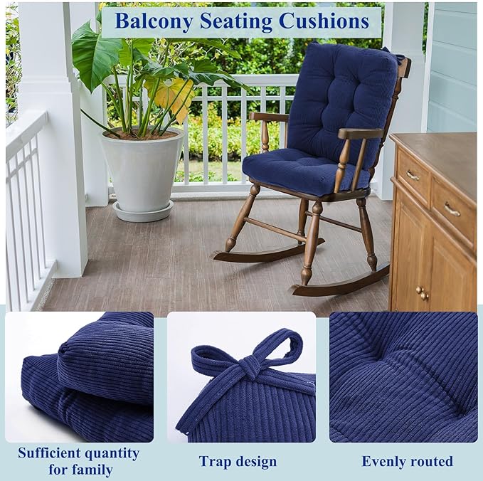 Juexica 4 Set Outdoor Patio Chair Cushions Corduroy Seat High Back Tufted Pillow Replacement Rocking Patio Chair Pads for Outdoor Indoor Home Office(Navy Blue)