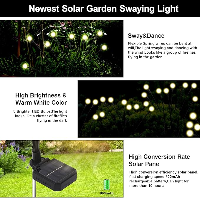 Firefly Lights Solar Outdoor, 8 Modes 800mAh Swaying Solar Firefly Garden Lights Stakes Outdoor Waterproof for Outside Yard Patio Plant Christmas Holiday Garden Decor Warm White(2 Pack)