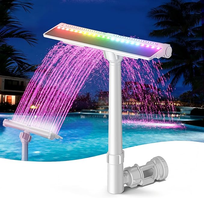 Solar Pool Fountain for Above Ground and Inground Pools with 9-Color Auto-Sensing Lights, High-Pressure Dual Spray Waterfall and 360° Adjustable Sprinkler Cools by 10-20°F for Relaxation