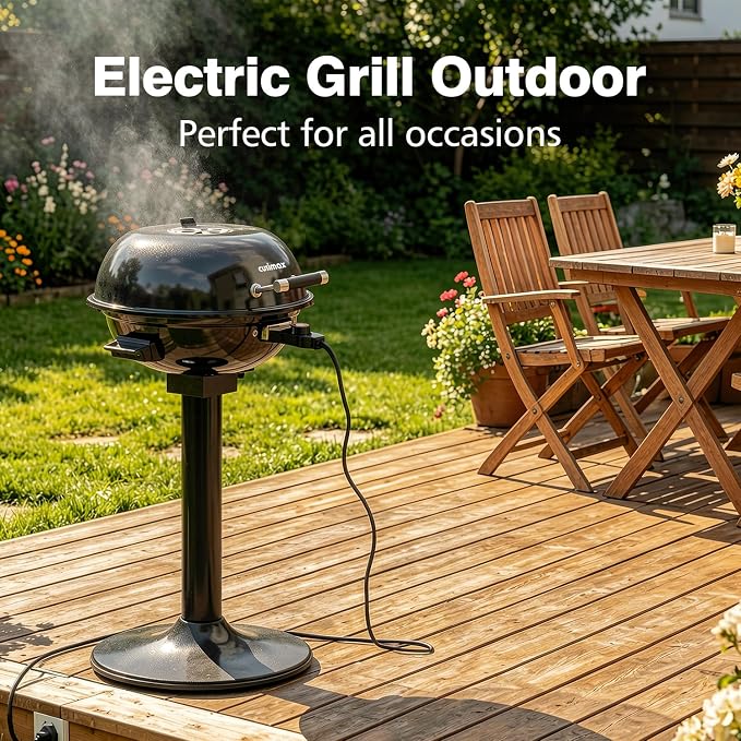 Electric Grill Outdoor, CUSIMAX Electric BBQ Grill, 1600W Portable BBQ with Lid for Cookouts, BBQ Gatherings, Small Spaces, Adjustable Heat, Removable Stand Grill, Oil Collector