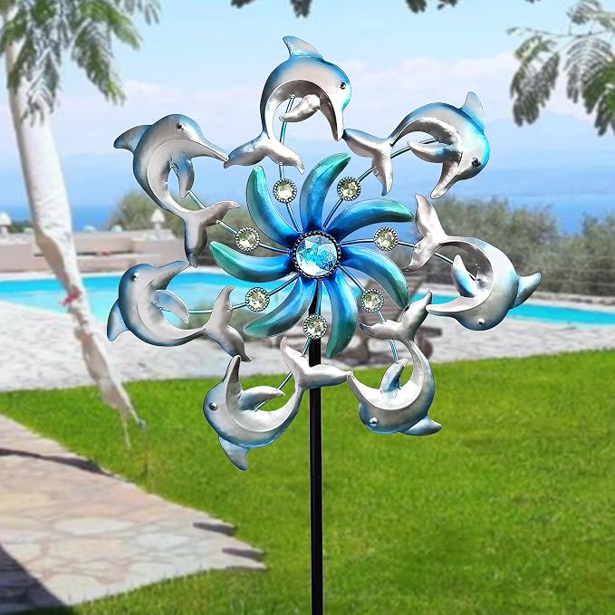 COOZZYHOUR 39" Dolphin Wind Spinners Metal Windmill Garden Stake,Ocean Theme Outdoor Wind Spinner,Wind Sculptures Yard Art Decorations for Patio,Lawn & Garden Decor