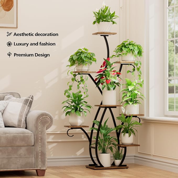 EVAWOO Plant Stand Indoor with Grow Lights - 58" Tall Plant Shelf Indoor, 8 Tiered Corner Lighted Plant Stand for Indoor Multiple Plants, Metal Flower Stands Display Rack for House, Patio, Black