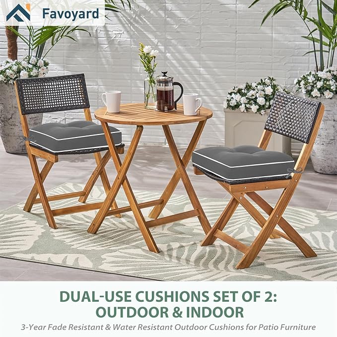 Favoyard Patio Chair Cushions 17 × 17 Inch Water Resistant & 3-Year Color Fastness Outdoor Chairs Cushion for Seat Dining Rocking Wicker Chair Cushion with Tie Straps Tufted Square Pads, Grey, 2 Pack