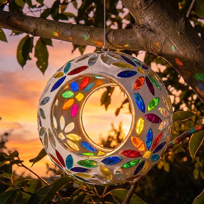Sunnydaze 6-Inch Glass Mosaic Hanging Bird Feeder for Outdoors - Fly-Through Glass Bird Feeder for Cardinals, Jays, Finches and More - Rainbow Daisies