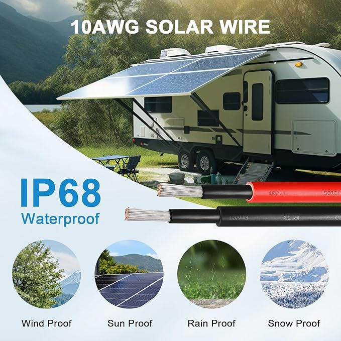 MOOKEERF Solar Pane Wire 10 AWG - Solar Extension Cable 250Ft Black & 250Ft Red 10 Gauge Tinned Copper PV Wire for Outdoor Automotive RV Solar Panel Boat Marine (Black+Red)