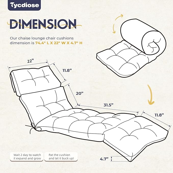 Waterproof Chaise Lounge Chair Cushions Outdoor 74.4 x 22 x 4.7 Inches Memory Foam Patio Lounge Chair Cushions for Outdoor Furniture with Ties, Thickened Pool Lounge Chair Cushion, Navy