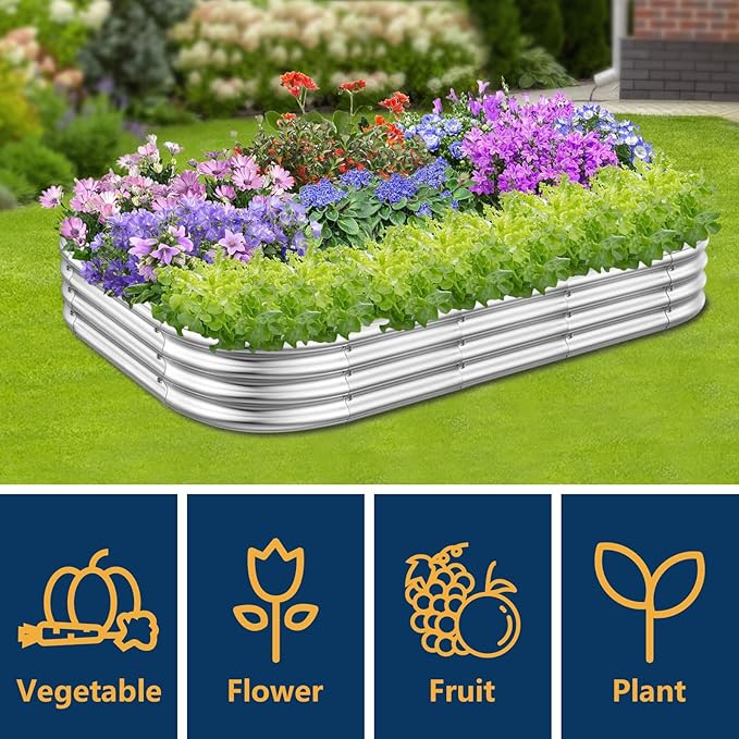 RAYKEEP Galvanized Raised Garden Beds, Outdoor Raised Garden Boxes, Oval Large Bottomless Metal Elevated Garden Bed Planter Box for Vegetables, Fruits, Flower (1pcs, 5x3x1 ft)