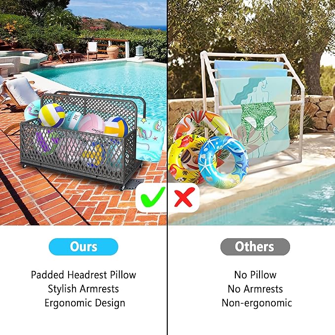 Garvee Pool Float Storage Organizer with Wheels, Outdoor Wicker Pool Storage Bin for Floats & Toys, Rolling Poolside Storage Rack for Patio Backyard Deck Box