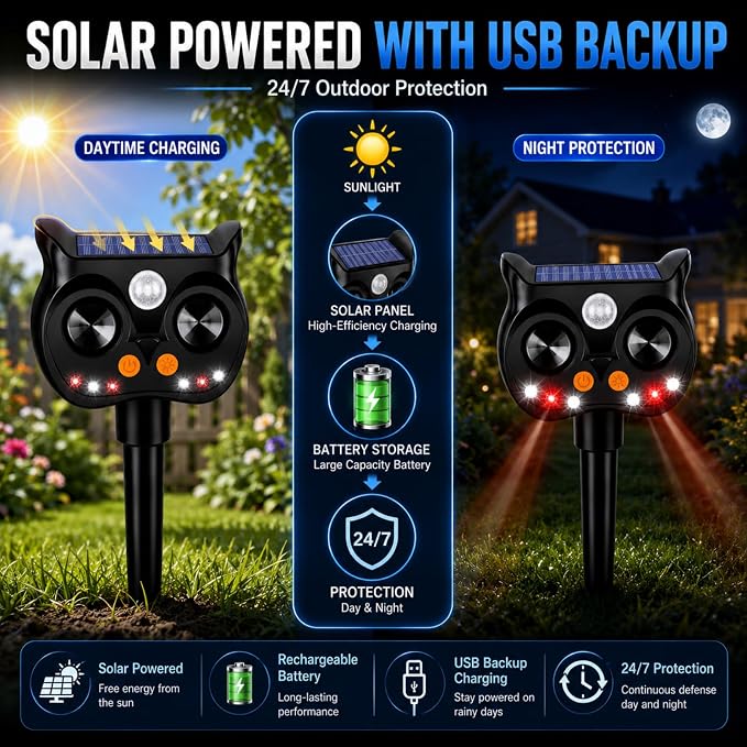 New Solar Animal Repellent Ultrasonic Outdoor for Deer Cat Skunk Squirrel Racoon Fortress Pro Animal Repeller Deterrent Devices with LED Strobe,Motion Sensor,Adjustable Volume and Modes for Yard,4 Pcs