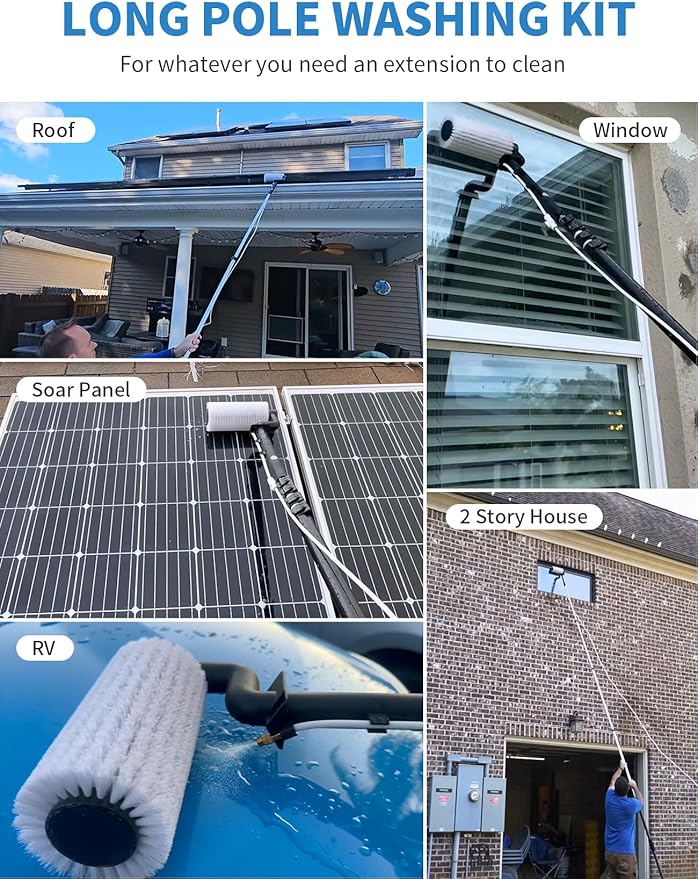 Electric Solar Panel Cleaning Kit, 20FT Solar Panel Cleaning Brush and Pole with Soap Dispenser, Telescopic Water Fed Pole, Solar Panel Cleaner Solution for Windows, Roof, RV