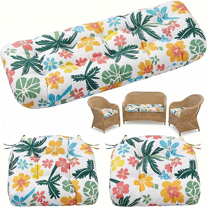 1 MIDDLE ONE Wicker Chair Cushions 3 Pieces Set for Outdoor Furniture, Replacement Patio Wicker Furniture Cushions, 1Pc Loveseat Cushion & 2Pcs Chair Cushions (Tropical Palm Floral)