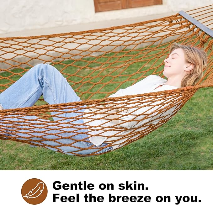 GAFETE Single Rope Hammocks for Outside, Traditional Hand Woven Cotton Hammock with Hardwood Spreader Bar, Max 450 lbs Capacity (Coffee Brown, Small)