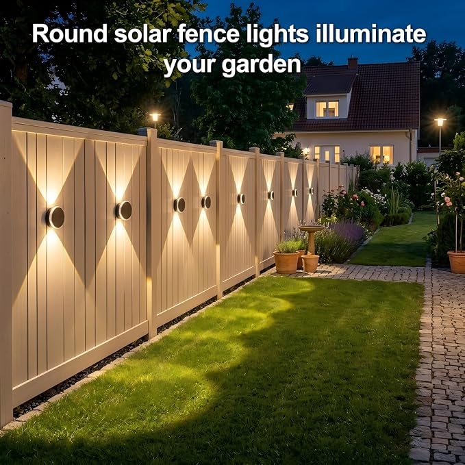 Ellasay Solar Fence Lights Outdoor: 360° Circular Lighting Solar Powered Wall Lights 12 Hours Long Runtime Up and Down Waterproof IP65 & 3 Modes High Brightness LED Focus Lens for Fence/Yard - 8 Pack