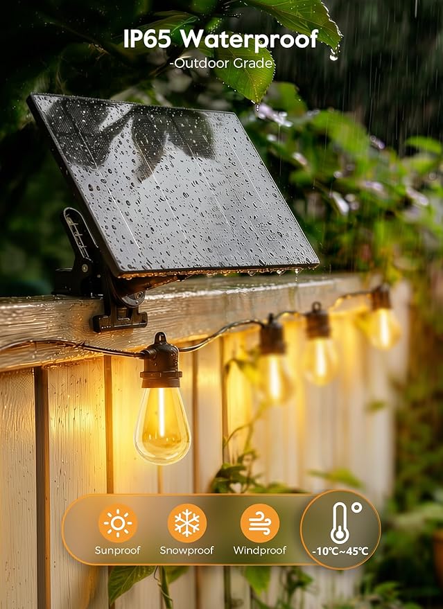 Minetom 163FT Solar String Lights Outdoor Waterproof, 52 LED S14 Shatterproof Bulb, Patio Lights with Remote Type-C Port Timable, 3 Light Modes Dimmable Solar String Lights for Outside, Yard, Camping