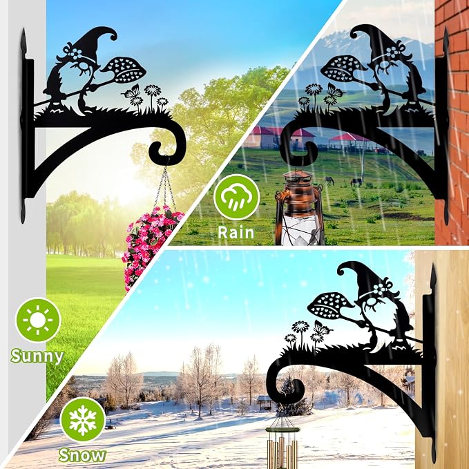 Hanging Plant Bracket Heavy Duty Iron Ornamental Gnome Silhouette Hanging Plant Hangers Outdoor 12 inch Basket Bracket Hook Wall Mounted for Flower Pot, Lantern, Bird Feeder, Wind Chimes