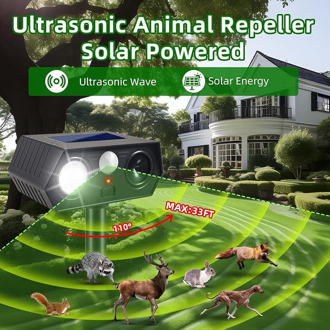 2026 Upgraded Solar Ultrasonic Animal Repellent Deer Deterrent Outdoor Motion Activated with Flash Light Repeller Keep Cat Squirrel Dog Raccoon Skunk Rabbit Away from Yard Garden Lawn 4 Pack