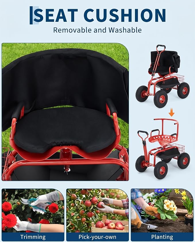 Rolling Garden Work Seat with Wheels, 360° Swivel Seat Gardening Cart with Extendable Steering Handle, Tool Tray and Storage Basket, 300 lbs Capacity, Gardening Stools for Patio, Yard, and Outdoors