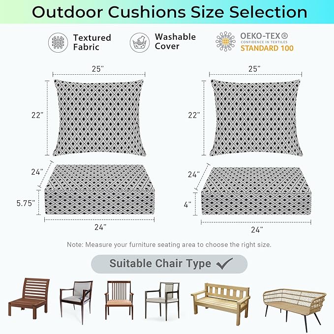 Outdoor Cushions for Patio Furniture,Outdoor Seat Cushion Set 24 x 24 x 5.75 Inch,Waterproof & Fade Resistant Outdoor Chair Cushions,Deep Patio Chair Cushion with Removable Cover,Black Geometry