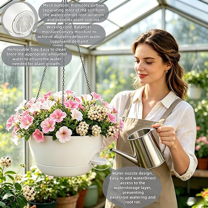12" Self Watering Hanging Planters with Chains, White, 2 Pack | 43 Oz removable self-watering reservoir, for indoor/outdoor plants, patio & garden